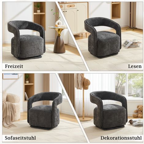Fauteuil pivotant Barrel en chenille grise, siège lounge ergonomique pour salon et coin lecture (1/5)
