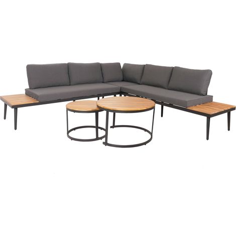 Muebles de jardín con dos mesas auxiliares madera de acacia acero cojines marrón gris oscuro 040008303