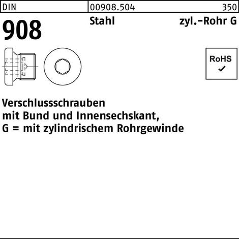DIN 908 Verschlussschraube VG 1/2" Stahl 5.8 blank Innensechskant mit Bund 50 Stk (1/2)