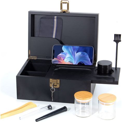 Große Bambusbox mit Schloss, Bambus Aufbewahrungskiste mit Grinder, Glasbehälter, abnehmbarem Tablett und Zubehör, Dekorative Aufbewahrungsbox für Zuhause, Schwarz (1/5)