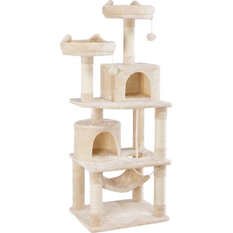Yaheetech – Arbre à chat multi-niveaux 158 cm – 2 niches et hamac – Poteaux en sisal naturel – Pour 2 ou 3 chats de taille moyenne – Beige