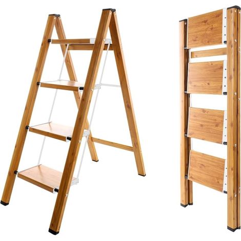 Escabeau pliable à 4 marches portable en aluminium léger avec pédales larges antidérapantes Capacité de 150 kg pour la maison, la cuisine, le jardin, le bureau – Blanc + couleur grain de bois (1/5)