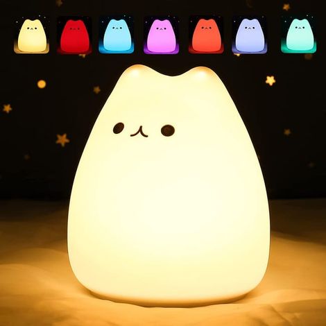 Veilleuse pour bébé, veilleuse pour enfants, veilleuse chat kawaii 7 couleurs, veilleuse LED, fonction minuterie de lampe de chevet, veilleuse tactile (1/5)