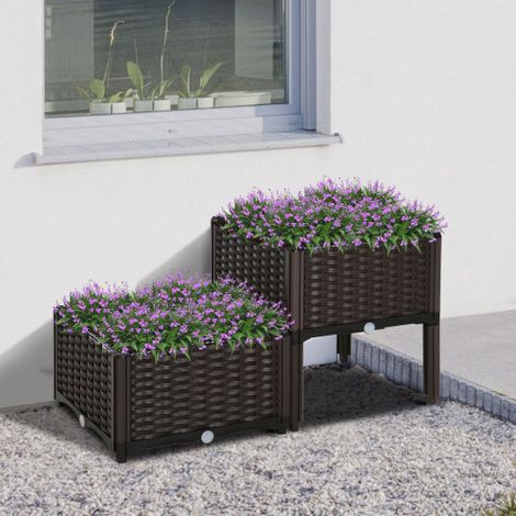 Huerto elevado aspecto ratán 40x40x44 cm en plástico HDPE marrón, apilable, con agujeros de drenaje (1/5)