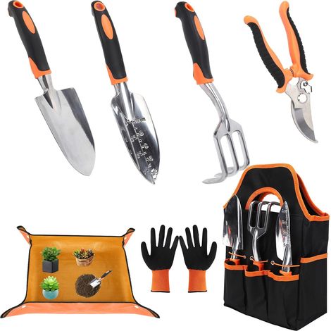 Lot de 7 outils de jardin orange, alliage d'aluminium léger résistant à la rouille, cadeau de jardin, outils de jardin avec gants (1/5)