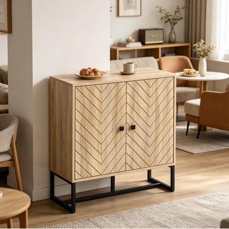 Credenza contenitore 80 x 29,5 x 80 cm, effetto legno naturale e nero, con ripiani regolabili (1/5)