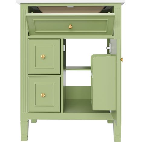 Mueble de baño freestanding de 61 cm verde brillante con lavabo de cerámica y 3 cajones (1/5)