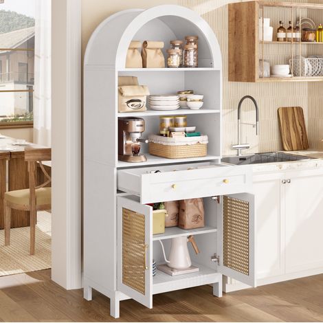 Vitrinenschrank mit Bogenform und Türen in Rattanoptik, 70 x 40 x 170 cm, Weiß und Holzoptik (1/5)