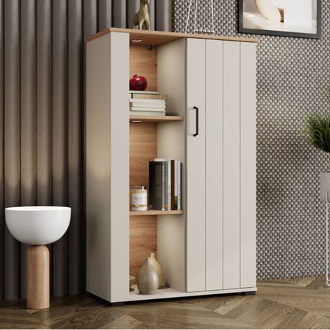 Vitrine Farra, Präsentationsschrank 4 Regale, 1 Tür, 6 Fächer, 79x36x127h cm Cremeweiß (1/5)