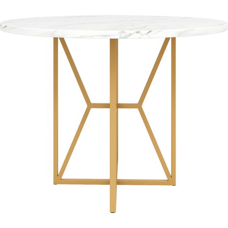 Mesa de comedor redonda 80 x 80 x 76 cm, tablero efecto mármol en MDF, patas doradas (1/5)