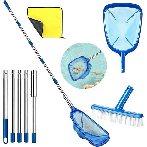 Épuisette de piscine avec barre télescopique, filet à mailles fines avec brosse de piscine, épuisette de sol, épuisette à feuilles, kit de nettoyage de piscine pour piscine, spa, étang, jacuzzi (1/5)
