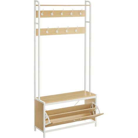 Meuble d’entrée avec banc 9 crochets et étagère porte-manteaux vestiaire pour couloir chambre style industriel marron rustique et noir (1/5)