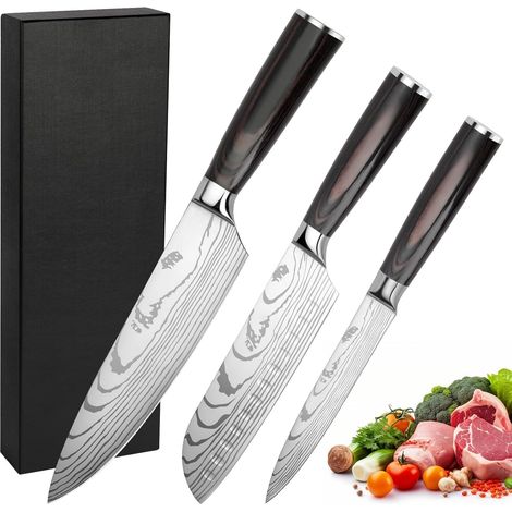 Couteau Cuisine Couteau Japonais Acier Inoxydable à haute teneur en carbone avec Poignée Ergonomique, Couteaux de Cuisine Professionnel (3PCS) (1/5)