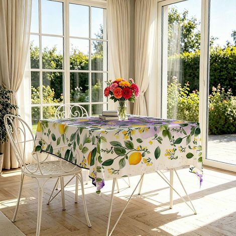 Nappe rectangulaire à motif floral citronné et accent violet pour le solstice d'été, nappe imprimée style champêtre, nappe résistante et infroissable pour la cuisine (1/4)