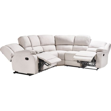 Sofá esquinero 5 plazas reclinable manual beige claro almacenaje reposabrazos portavasos Rokke