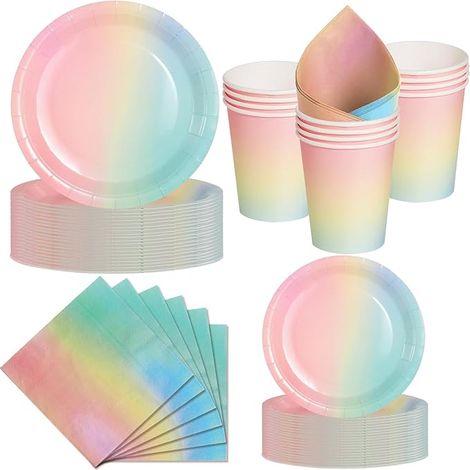 Set de Vaisselle Jetable Arc-en-Ciel Assiettes 23cm, 18cm, Gobelets, Serviettes Pour Anniversaire Enfant, Fête, Carnaval Invités (1/5)