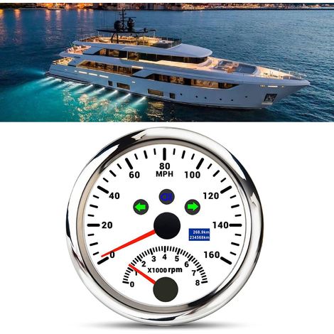 85 mm (3 3/8 Zoll) DC9–32 V Marine-GPS-Tachometer mit Drehzahlmesser (8000 U/min) und Blinkern, kompatibel mit Marine-ATVs. Silberfarbenes Gehäuse, weißes Zifferblatt. (1/5)