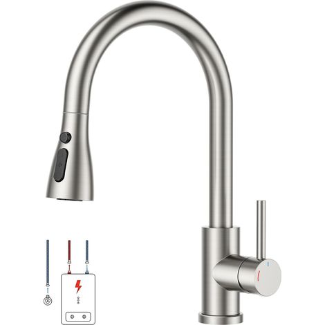 Robinet Cuisine Douchette Extractible, Rotation À 360°, Robinetterie à basse pression, Mitigeur de Cuisine adapté à un Chauffe-eau Ouvert et Appareils Sous Évier, Acier Inoxydable (1/5)