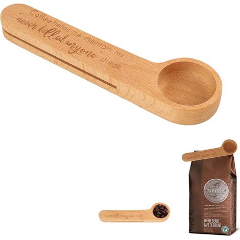 2-in-1 solid beechwood teaspoon and bag clip - Measuring spoon (1 tablespoon) for ground coffee, coffee beans, tea, and spices - Keep your coffee fresh with this item (1/5)