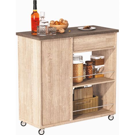 CAIziChariot de cuisine avec plateau aspect bois, desserte de cuisine à roulettes avec tiroir, armoire et étagères ouvertes, îlot de cuisine mobile avec porte-serviettes et roulettes verrouillables, 9 (1/5)