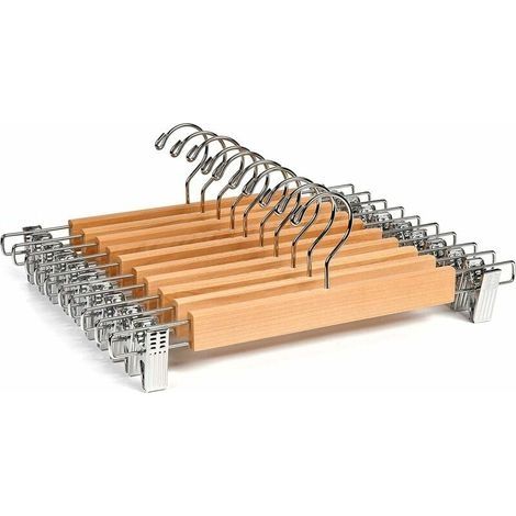 Lot De 10 Cintres En Bois Naturelle 36Cm, Pour Pantalons Jupes Chaussettes Sous-Vêtements, Cintre Antidérapants Avec Pinces (1/5)