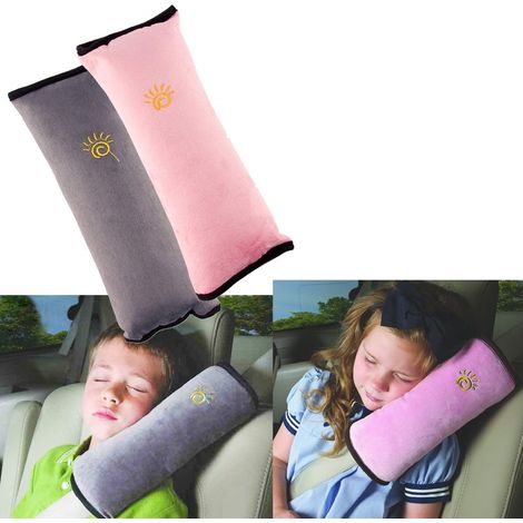 Lot de 2 coussinets de ceinture de sécurité, oreiller de couchage, soutien du cou pour enfants, ceinture de sécurité de voiture, oreiller de siège de voiture, protection des épaules (gris et rose) (1/5)