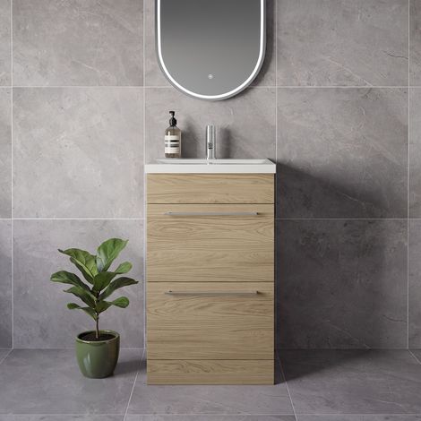 Napoli 390 Light Oak 500mm 2 Drawer Vanity Unit with Glide Basin - 500mm - Chrome 320mm Handle
