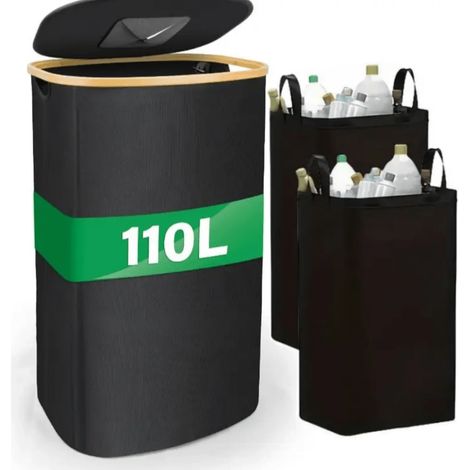 110L Bottle Recycling Bin with Lid & 2 Reusable Pouch, Black (1/5)
