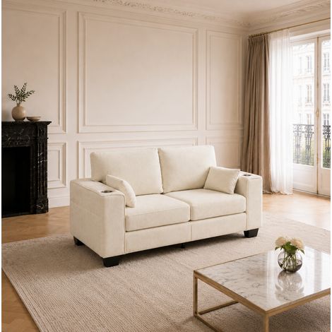 Sofá de 2 plazas 182x76x62 cm en chenilla beige con portavasos para salón pequeño - MEUBLIV (1/5)