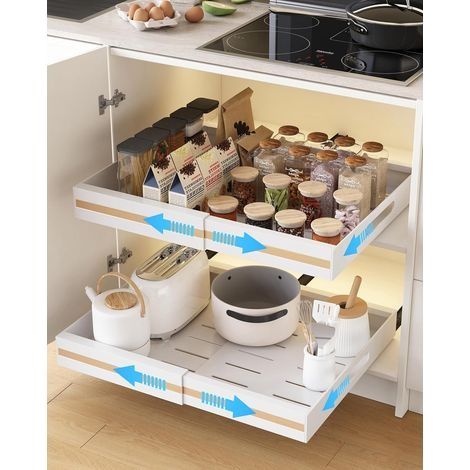 Lot de 2 Tiroir Coulissant Cuisine Adhésif Rangement Placard Blanc - Tiroir Télescopique Extensible (largeur réglable de 30.5 à 51.5) (1/5)