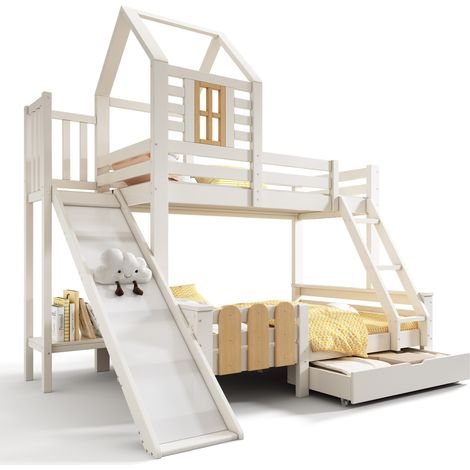 Lit superposé enfant 90x200 et 140x200 avec toboggan, tiroir de rangement, échelle, design cabane, blanc et bois clair, pour chambre, CHICFURN (1/5)
