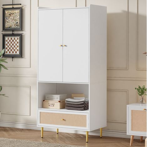 Armoire 2 portes avec tiroir en rotin, barre de penderie, 80 x 48 x 175 cm, blanc/naturel (1/5)