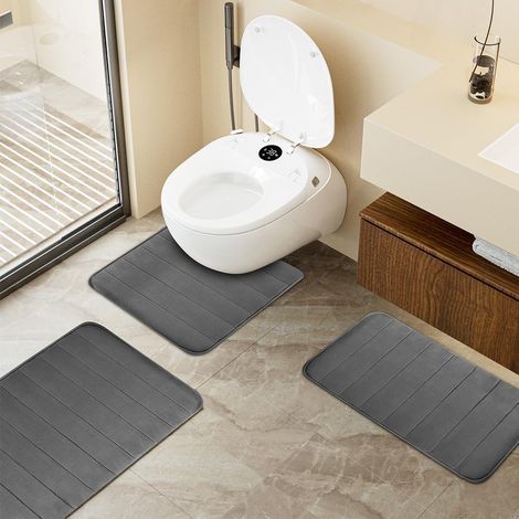 Lot de 3 tapis de bain en mousse à mémoire de forme - Antidérapant et lavable - Tapis de bain en forme de U - Pour douche, WC, baignoire - Gris foncé (1/5)