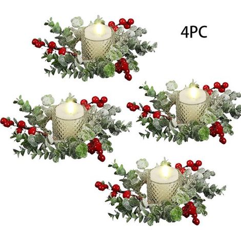 Ghirlanda natalizia a 4 pezzi con candele, ghirlanda natalizia, ghirlanda di fiori, decorazione natalizia, mini ghirlanda con candele e bacche rosse artificiali, decorazione da tavola (1/5)