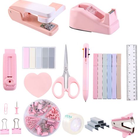 Ensemble de bureau rose avec agrafeuse, ciseaux et porte-ruban adhésif, comprenant une boîte de rangement pour bureau d'étudiant. (1/3)