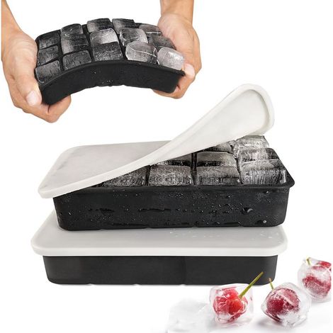 2er-Set stapelbare Silikon-Eiswürfelformen mit Deckel, 15 quadratische Mulden, leicht zu entformen, wiederverwendbar, LFGB-zertifiziert und BPA-frei, Schwarz (1/5)
