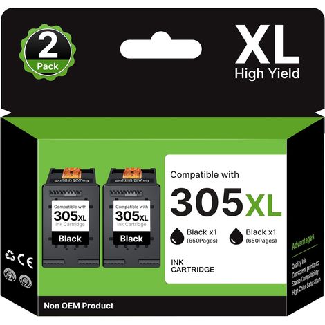 305XL Noir Cartouche 305 Remplacement pour HP 305 XL Noir Cartouche pour HP Deskjet 2700e 2720e 2710e 2723e Plus 4120e 4220e Envy 6032e 6020e 6030e 6700e (2 Noir) (1/5)