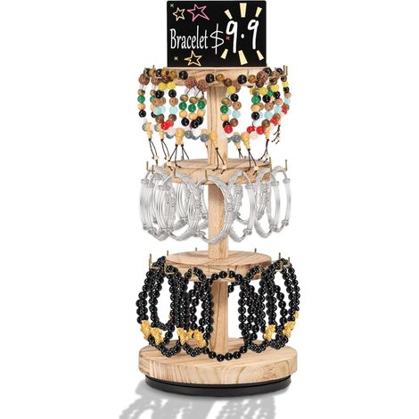 Support de bracelet rotatif 3 niveaux, panneau d'affichage, rangement de bijoux, étagère à bijoux rustique, porte-clés, présentoir bois naturel (1/5)