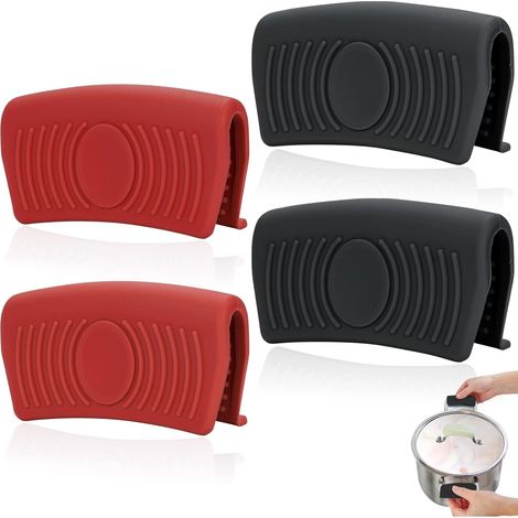 Lot de 4 poignées de maniques en silicone (rouge/noir), clips isolants thermiques pour protection des doigts