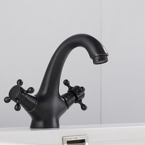(Noir) Robinet hybride à double poignée pour lavabo de salle de bain, design élégant avec poignée en croix, un seul trou, plaqué or.