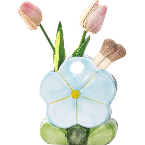 Porte Pinceau de Maquillage, Pot à Crayon en Céramique, Vase en Forme de Fleur Chandelier Bougeoir pour Fleurs, Bougies, Pinceaux Cosmétique Papeterie (Bleu, 10.9L x 12.4H x 7.1W cm) (1/5)