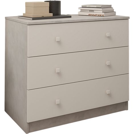 Commode, meuble de rangement avec 3 tiroirs coloris ciment, blanc - Hauteur 70 x Longueur 80 x profondeur 48 cm (1/2)