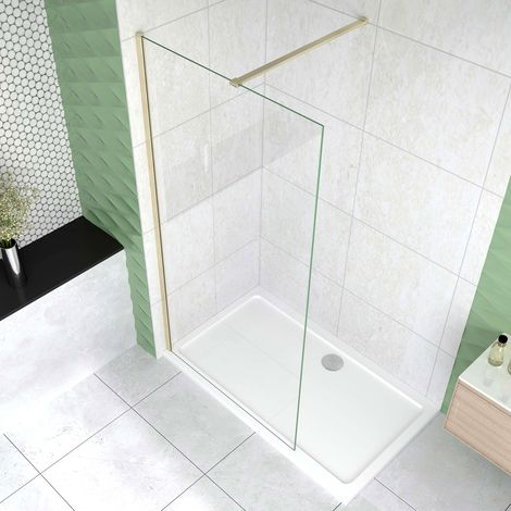 Box Doccia Walk In 120x200 cm Parete Fissa Vetro 8 mm Trasparente Anticalcare Oro Spazzolato Barra Piatta Stabilizzatrice 90 cm