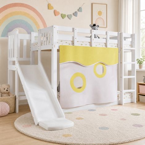 DESMIU Lit superposé enfant 90 × 200 cm 2 places avec escalier, barrière et toboggan, sans matelas, en MDF et pin, blanc (1/5)