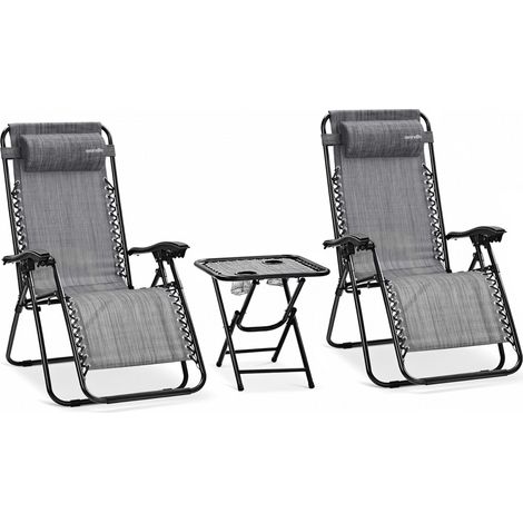 Set de 2 Chaises Longues Réglables - Chaises Pliantes pour Extérieur avec Table Latérale, Porte-Gobelets, Oreillers Amovibles - Patio, Jardin, Plage - Gris Anthracite (1/5)