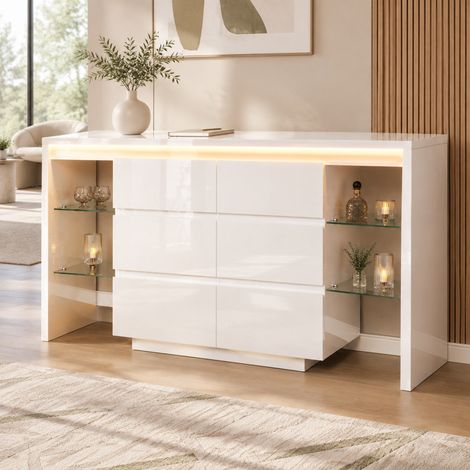 Aparador LED blanco de alto brillo con 6 cajones y 4 estantes de vidrio, 155 x 40 x 80 cm (1/5)