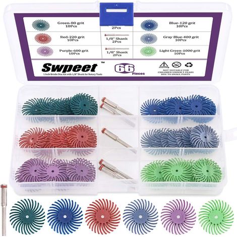 Sweet Lot de 66 disques abrasifs avec tige 1/8" pour outils rotatifs de nettoyage et d'ébavurage, grain mixte 80/120/220/400/600/1000 (1/5)