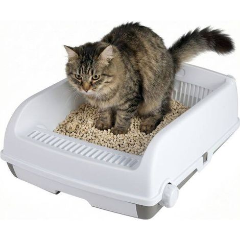 Semi-automatic cat litter box with open lid, drawer tray, and sliding scoop, white (1/5)