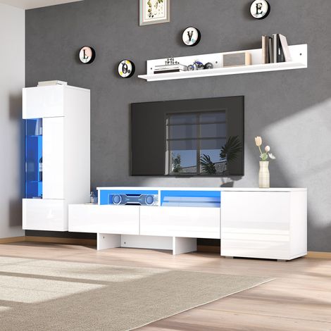 Ensemble de meuble TV mural 3 pièces, ensemble de meubles de salon haute brillance avec éclairage LED, meuble TV moderne (sur pied et mural), portes d'armoire en acrylique, cloison en verre, blanc, co (1/5)