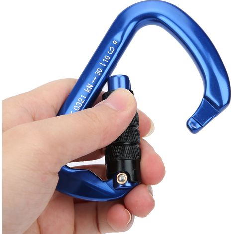 Mousqueton en aluminium aéronautique durable à verrouillage automatique en forme de D, idéal pour l'escalade et le camping en extérieur (bleu). (1/5)